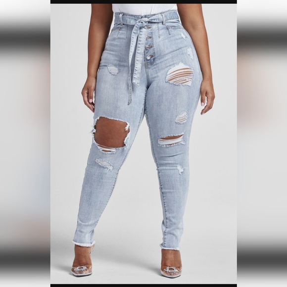 Fashion to Figure Ultra High Rise Tie Waist Destructed Jeans - Picture 2 of 3